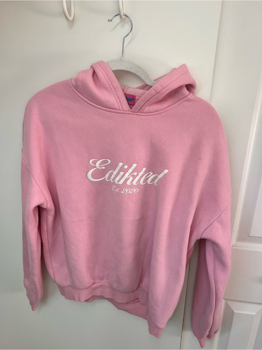 Edikted Pink Script Logo Hooded Sweatshirt